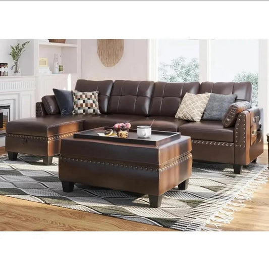 Modern Leather Sectional Sofa with Ottoman - Easy Assembly & Storage | Ideal for Living Room