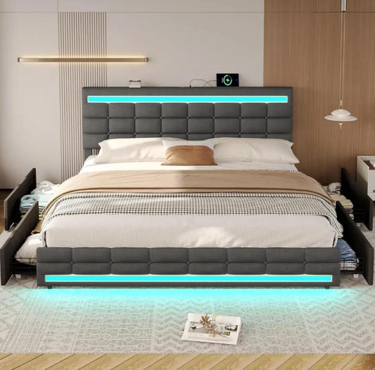 Bed Frame with LED Upholstered Platform and Storage Drawers, USB Ports, Dark Grey Bed Frame