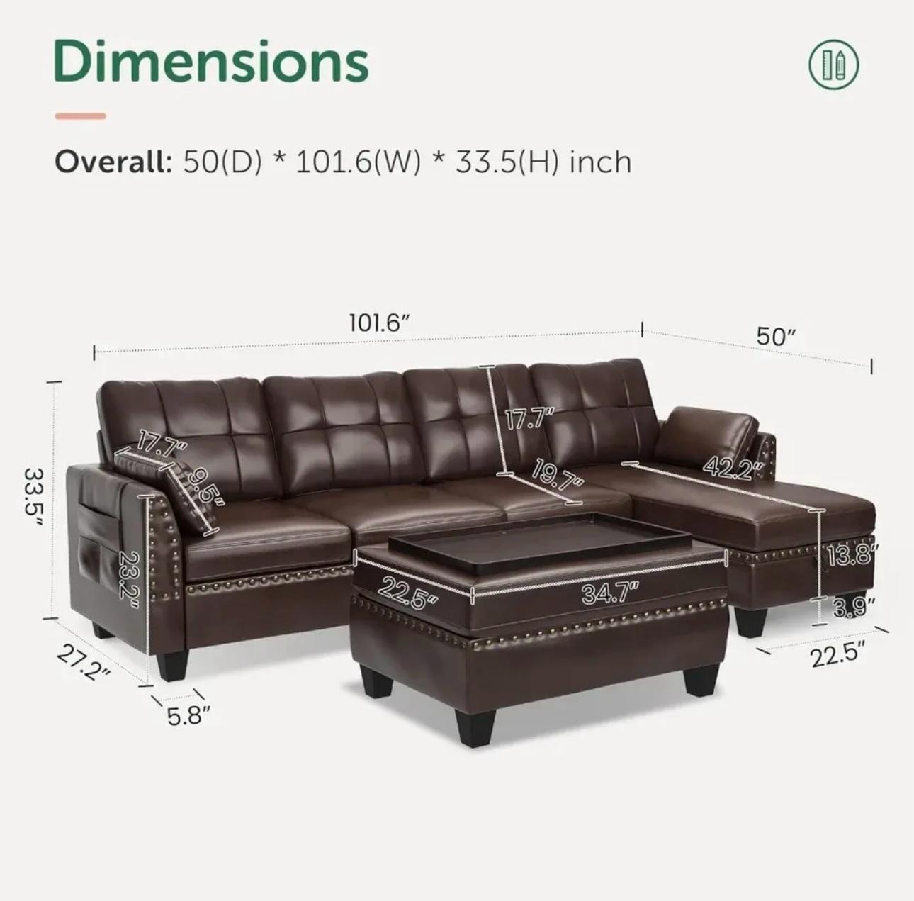 Modern Leather Sectional Sofa with Ottoman - Easy Assembly & Storage | Ideal for Living Room