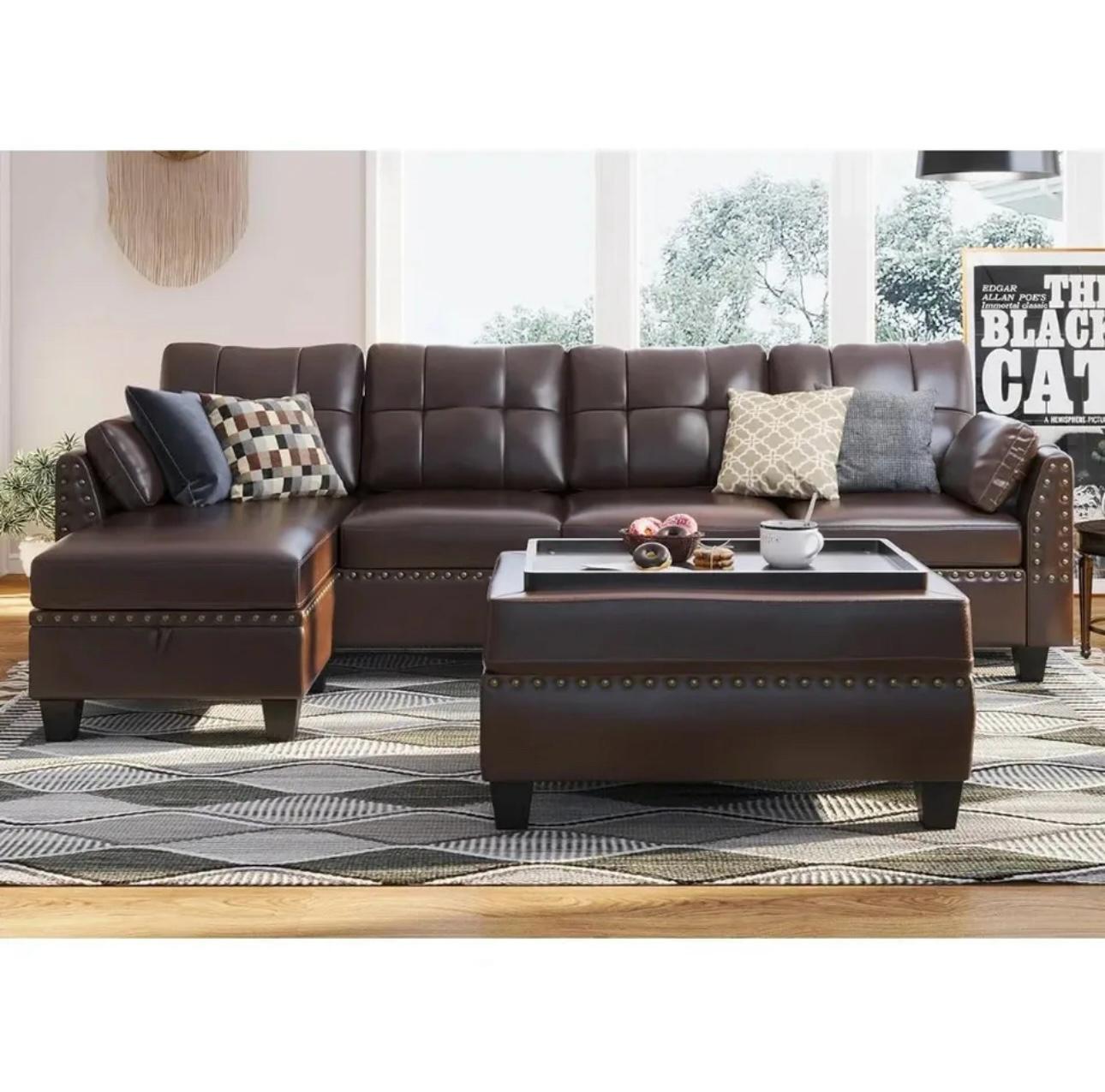 Modern Leather Sectional Sofa with Ottoman - Easy Assembly & Storage | Ideal for Living Room