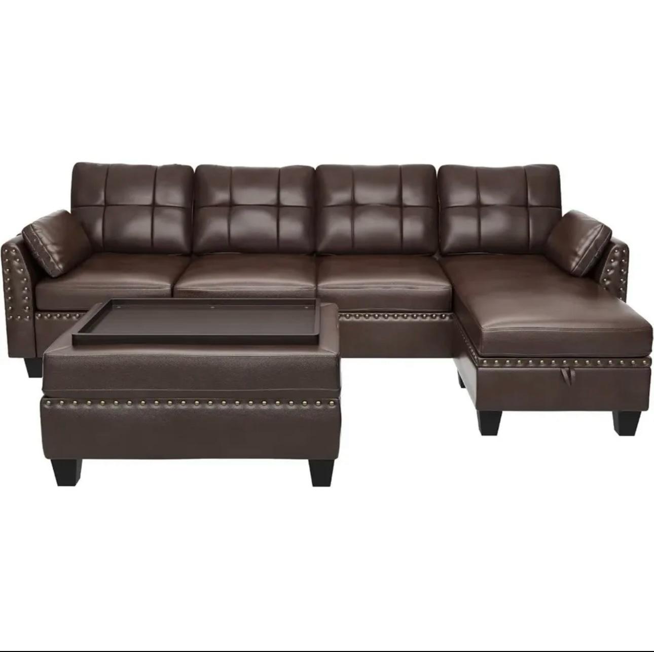 Modern Leather Sectional Sofa with Ottoman - Easy Assembly & Storage | Ideal for Living Room