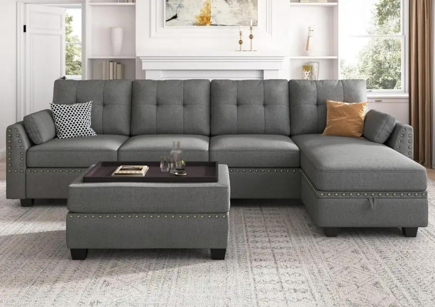 Modern Leather Sectional Sofa with Ottoman - Easy Assembly & Storage | Ideal for Living Room