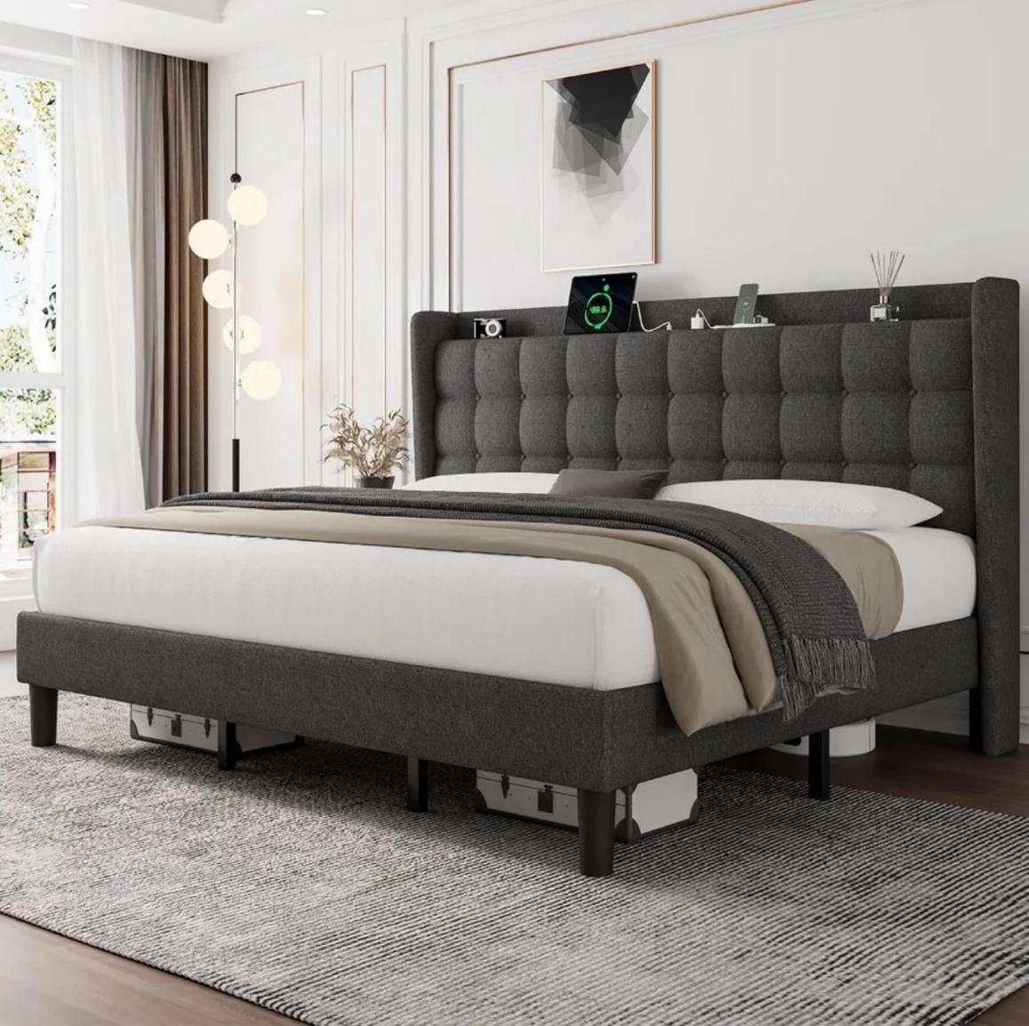 Bed Frames with Charging Stations and Storage Solutions, Bed Frame with Charging Station, Upholstered Platform Bed Frame , No Box Spring Needed