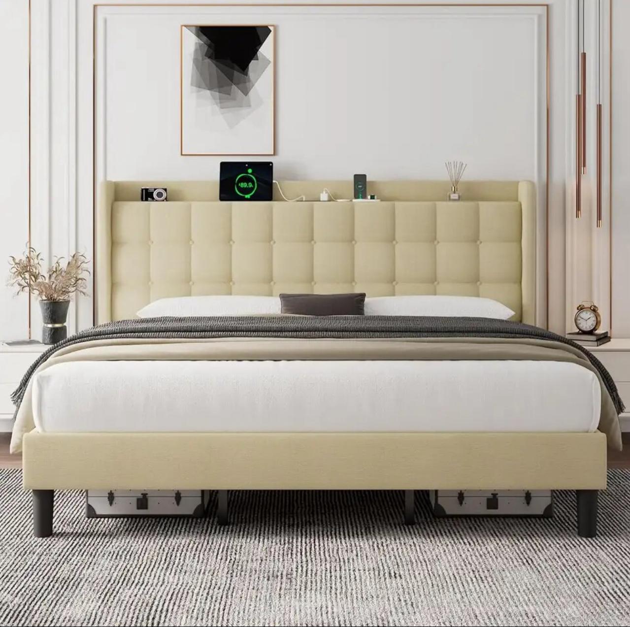 Bed Frames with Charging Stations and Storage Solutions, Bed Frame with Charging Station, Upholstered Platform Bed Frame , No Box Spring Needed