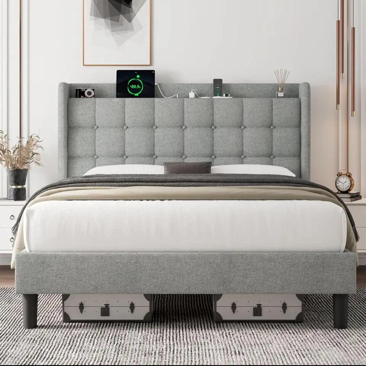 Bed Frames with Charging Stations and Storage Solutions, Bed Frame with Charging Station, Upholstered Platform Bed Frame , No Box Spring Needed