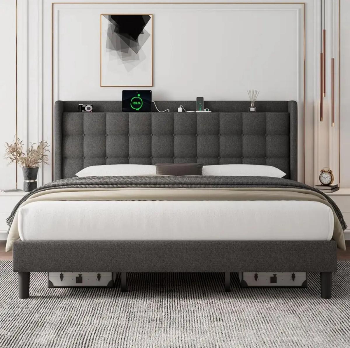 Bed Frames with Charging Stations and Storage Solutions, Bed Frame with Charging Station, Upholstered Platform Bed Frame , No Box Spring Needed